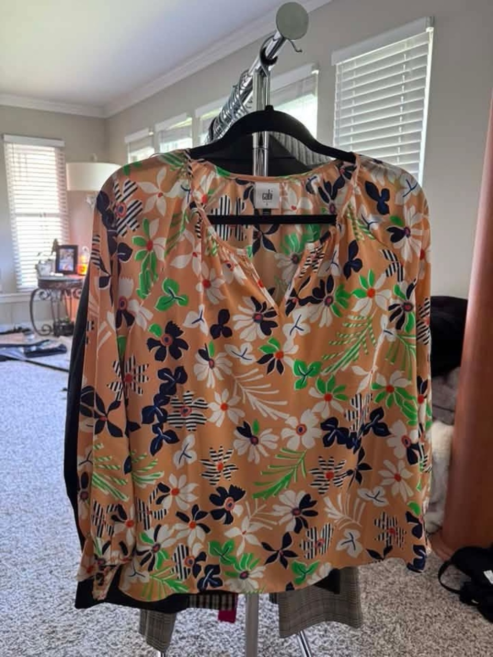 CAbi Peach Floral V-Neck Long Sleeve Blouse
